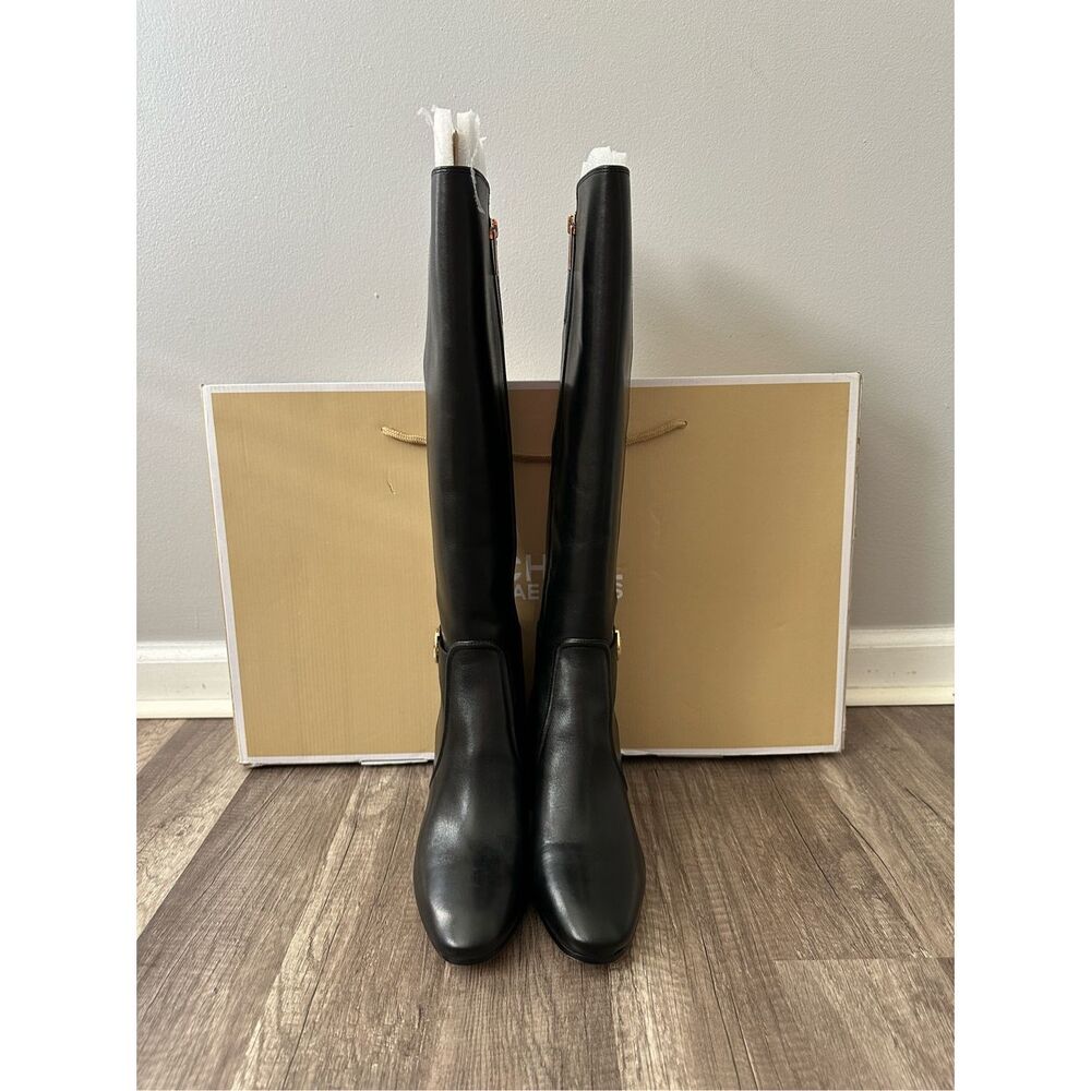 Michael Kors Side Zip Logo Buckle Carmen Leather Tall Riding Boots Black Sz 7.5M - Picture 9 of 12